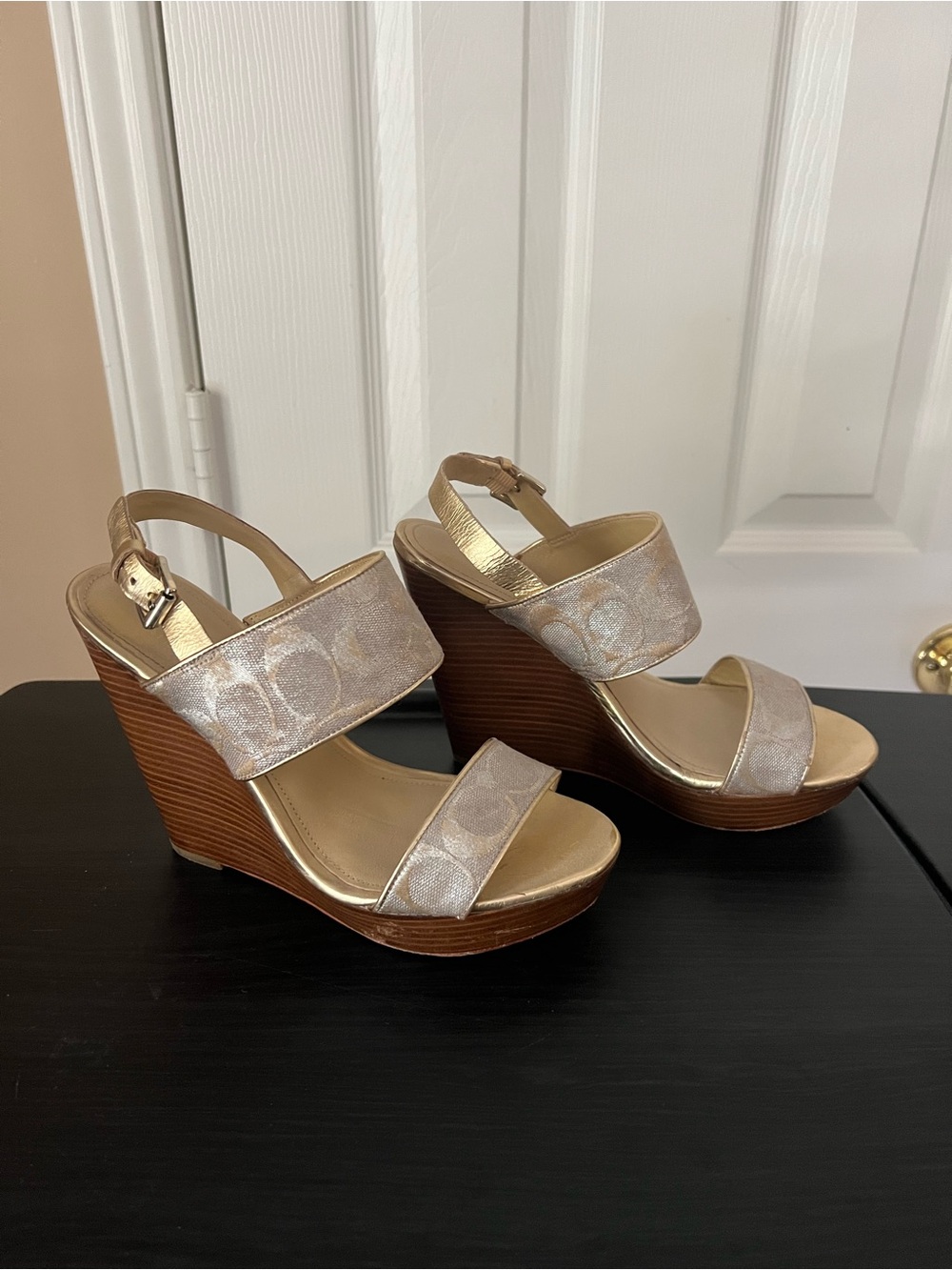 Coach Metallic Gold Signature Wedge Sandals with Wood-Look Heel